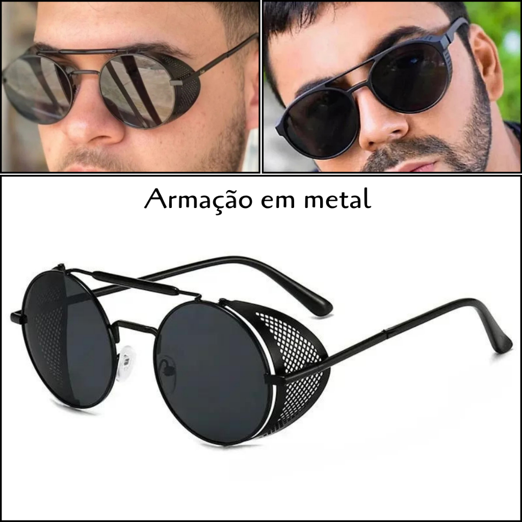 Óculos Sol Masculino Steampunk Oculos Alok Redondo Todo em Metal com Proteção Lateral Lente UV400