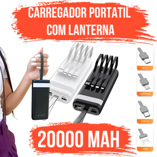 Power Bank 20.000mah Carregador Portátil Rápido Universal Com Lanterna embutida e display de carga
