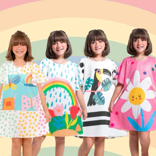 Vestido Infantil Menina Varias Estampas Colorido Lúdico no Crepe Twill. Verão Diva Blogueirinha