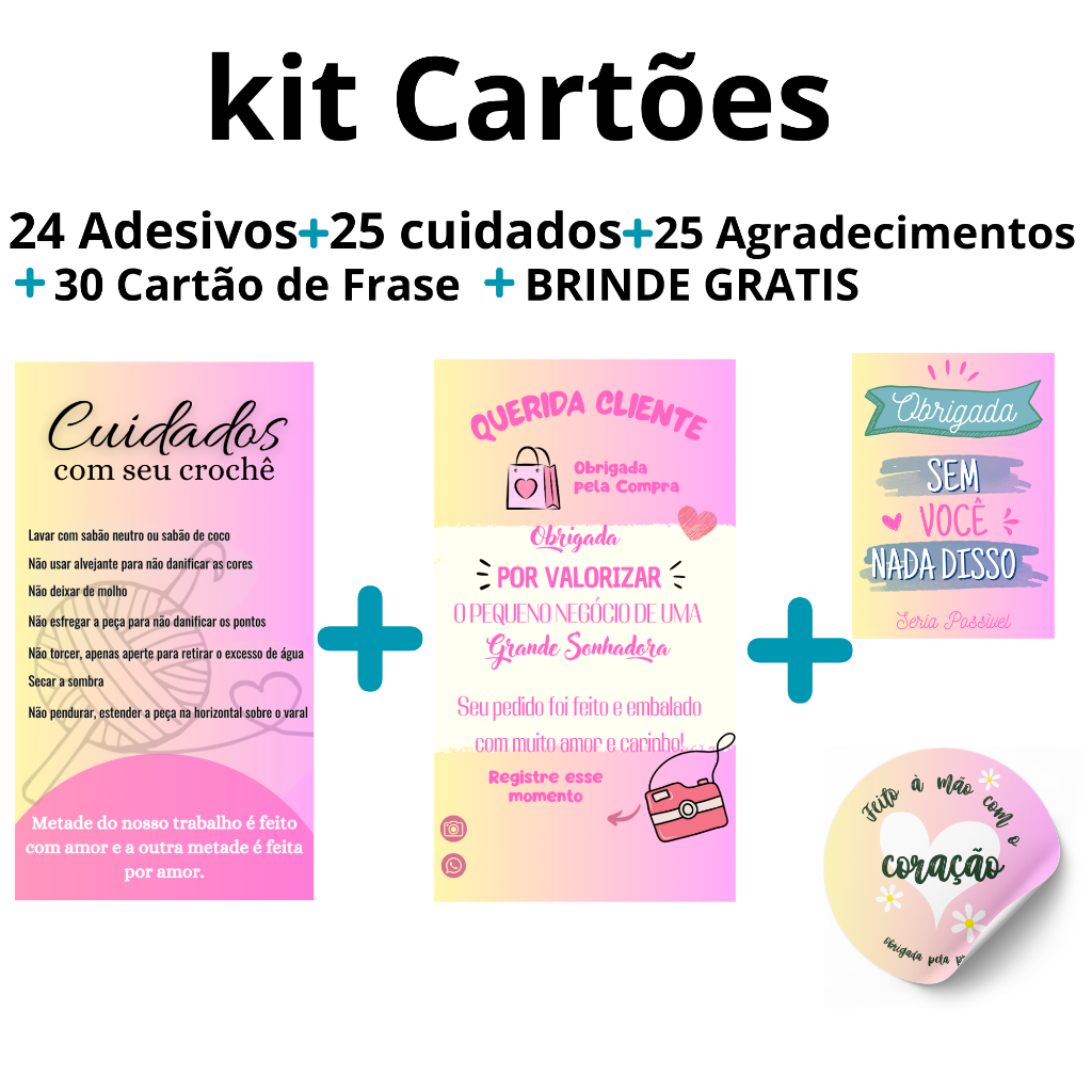 kit cartão modo de lavar o crochê + cartão de agradecimento + tag de ...