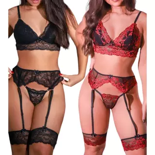 Kit 2 Conjuntos Langerie Sexy Completo Fio Dental Renda Fantasia cinta liga Erotica Espartilho Lingerie