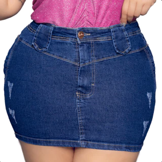 Saia Jeans Plus Size Feminina Cintura Alta Com Lycra Barra Desfiada Com Elastano Curta Destroyed