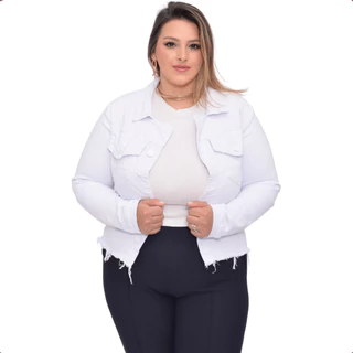 Jaqueta Jeans Plus Size Feminina Barra Desfiada Sem Lycra Destroyed