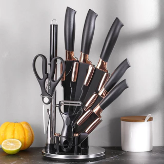 Kit de facas utensílios de cozinha Faqueiro com Facas Inox 9 Peças Suporte de Bancada Diferentes Cortes