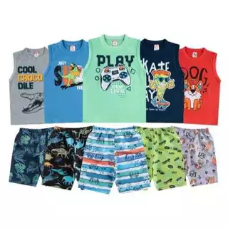 Kit 10 Peças de Roupas Infantil Menino Estampas Sortidas Com 5 Camisetas + 5 Bermudas