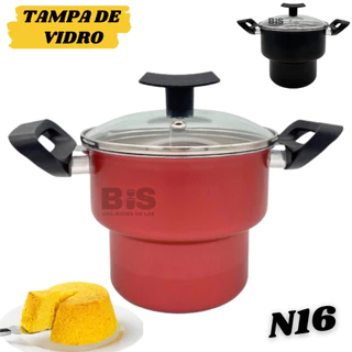 Cuscuzeiro Antiaderente N16 Com Tampa de Vidro Cuscuz Nordestino Cuzcuzeira Teflon Preta ou Cereja