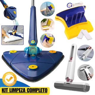 MOP Limpeza Esfregão Triangular 2 REFIL + Limpa Vidros Magnético + MOP Portátil Rodo Mágico - KIT