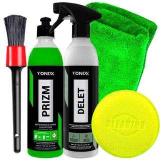 Kit Prizm Vonixx e Delet Vonixx Produto para Tirar Manchas de Vidros e Limpador para Limpeza Pesada Pincel Toalha e Aplicador
