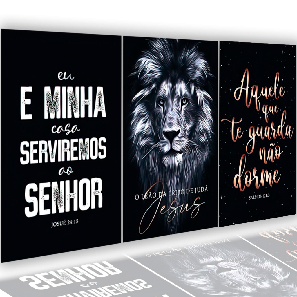 Kit Quadros Decorativos 3 Peças Sala Quarto Escritorio Moderno Leão Da ...