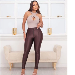 Calça Feminina Skinny Zíper Cintura Alta Compressão Bolso Legging Poliamida