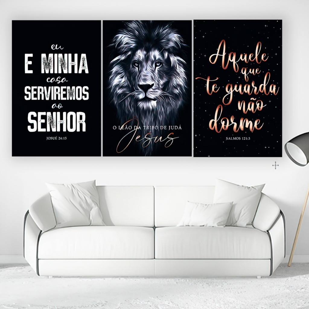 Kit Quadros Decorativos 3 Peças Sala Quarto Escritorio Moderno Leão Da ...