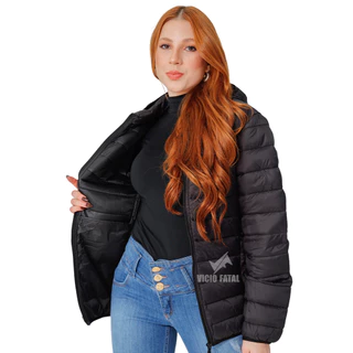 Jaqueta Feminina Puffer Bobojaco Capuz Nylon Impermeável com Bolsos e Capuz Removível Moda Inverno