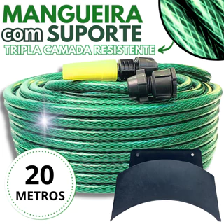 Mangueira Jardim 20 Metros Resistente Flexivel Reforçada Trançada com Esguicho e Conector Forte Tripla Camada Kit Completo com Suporte de Parede Para Guardar Enrolar Enrolador Qualidade
