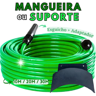 Mangueira Jardim Resistente 10, 20, 30 Metros Flexivel com Esguicho e Conector Dupla Camada Pronta para Usar Kit Suporte de Parede Para Guardar Enrolar Enrolador Qualidade