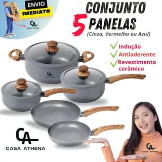Jogo Panela De Indução Antiaderente Revestimento Cerâmica Cinza Azul Vermelho Yafo 5 Peças Lehaví