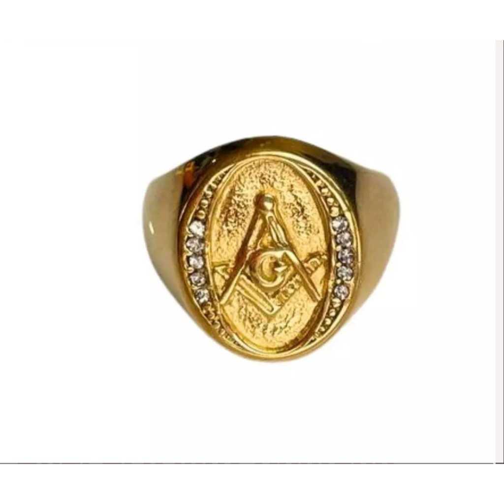 Anel Dourado Maçonaria Oval Strass - aço inox