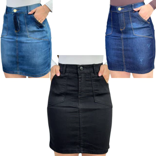 Kit 3 Saias Femininas Cintura Alta Até o Umbigo Secretária Jeans Com Elastano Moda Elegante