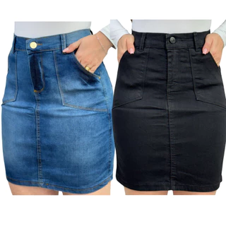 Saias Jeans Femininas Cintura Alta Lycra Elastano 34 36 38 40 42 44 46 Kit com 2 peças