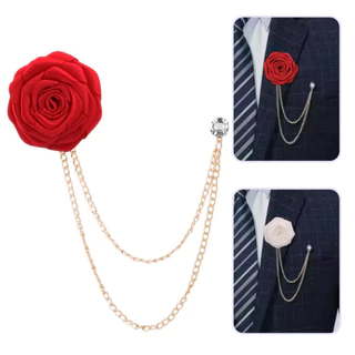 Broche Pin De Lapela Para Terno Com Flor Rosa De Cetim E Corrente Dupla, Ideal Para Noivo, Padrinho