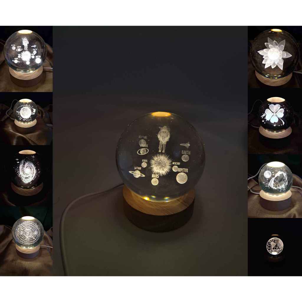 Kit Bola de Vidro Cristalino Globo com imagem 3D e Base Luminária Led