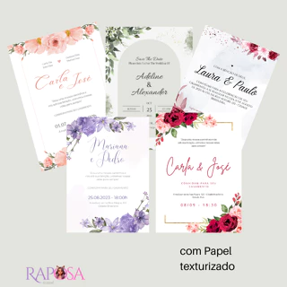 50 Convites de casamento ou 15 anos impressos em papel vergê texturizado ou fotográfico glossy + 100 convites individuais s/ envelope