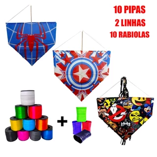Pipa Kit 10 Pipas Com Rabiola Mais 2 Linha de Pipa e Lata Prontos para Soltar