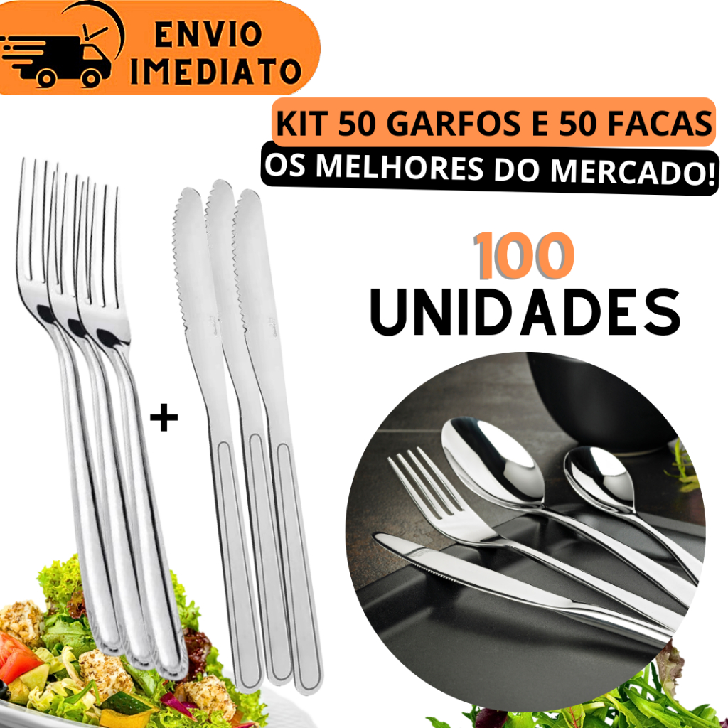 Kit 100 Talheres Aço Inox PREMIUM Faca 50 Garfos e 50 Facas Luxo Linha Premium Talher 100% Aço Inox Cozinha Macarrão Comida Bar Restaurante Buffet Faqueiro