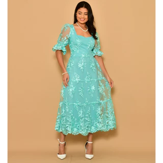 Vestido midi festa tule bordado manga curto 0115