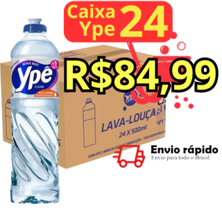 Caixa com 24 Detergente Lava Louças Líquido Ypê Clear Transparente 500ML Rende Mais