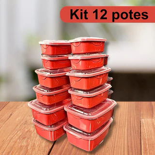 Conjunto Kit 12 Potes Cozinha P M e G Vermelho Pote Retangular