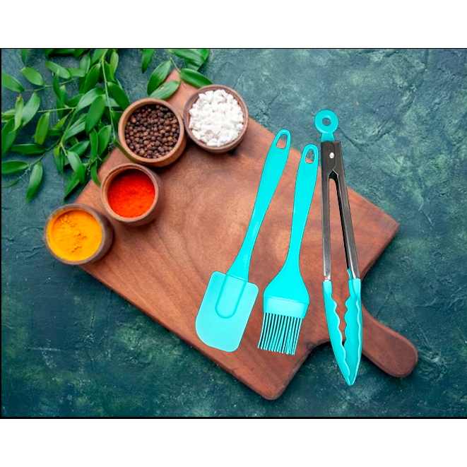 Kit com Espátula, Pinça ou Pegador Multiuso e Pincel (Kit |Cozinha Silicone e Inox)