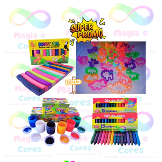 Kit Escolar Combo- Massinha de Modelar + Giz de Cera + Tinta Guache + Cortador de Massinha