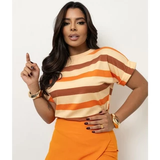 Blusa Listrada Viscolycra Manga Japonesa Tendência Feminina