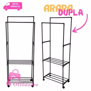 Arara Dupla Para Roupas Com Sapateira Duas Prateleiras Altura 148cm De Ferro Cabideiro