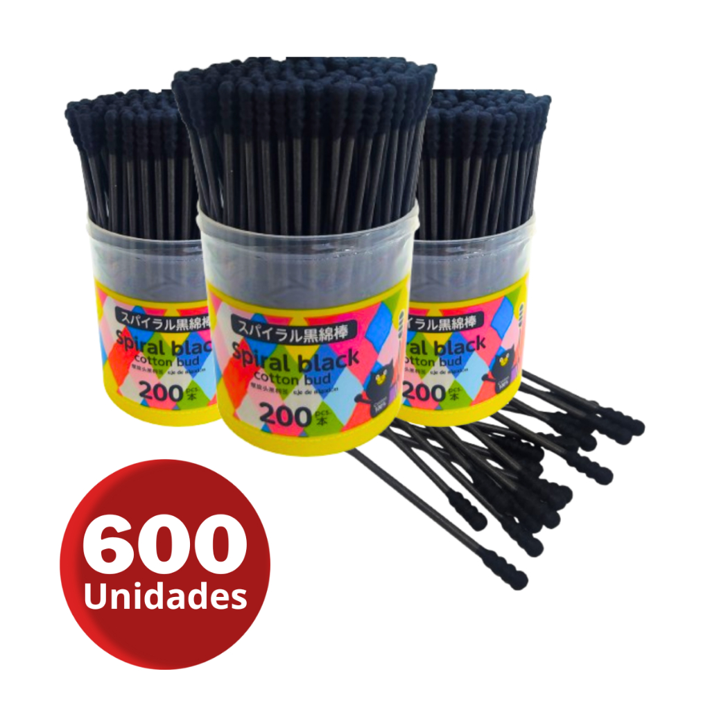 Cotonete Preto Importado 600 Hastes Flexíveis Espiral Higienização Detalhada Algodão não desmancha
