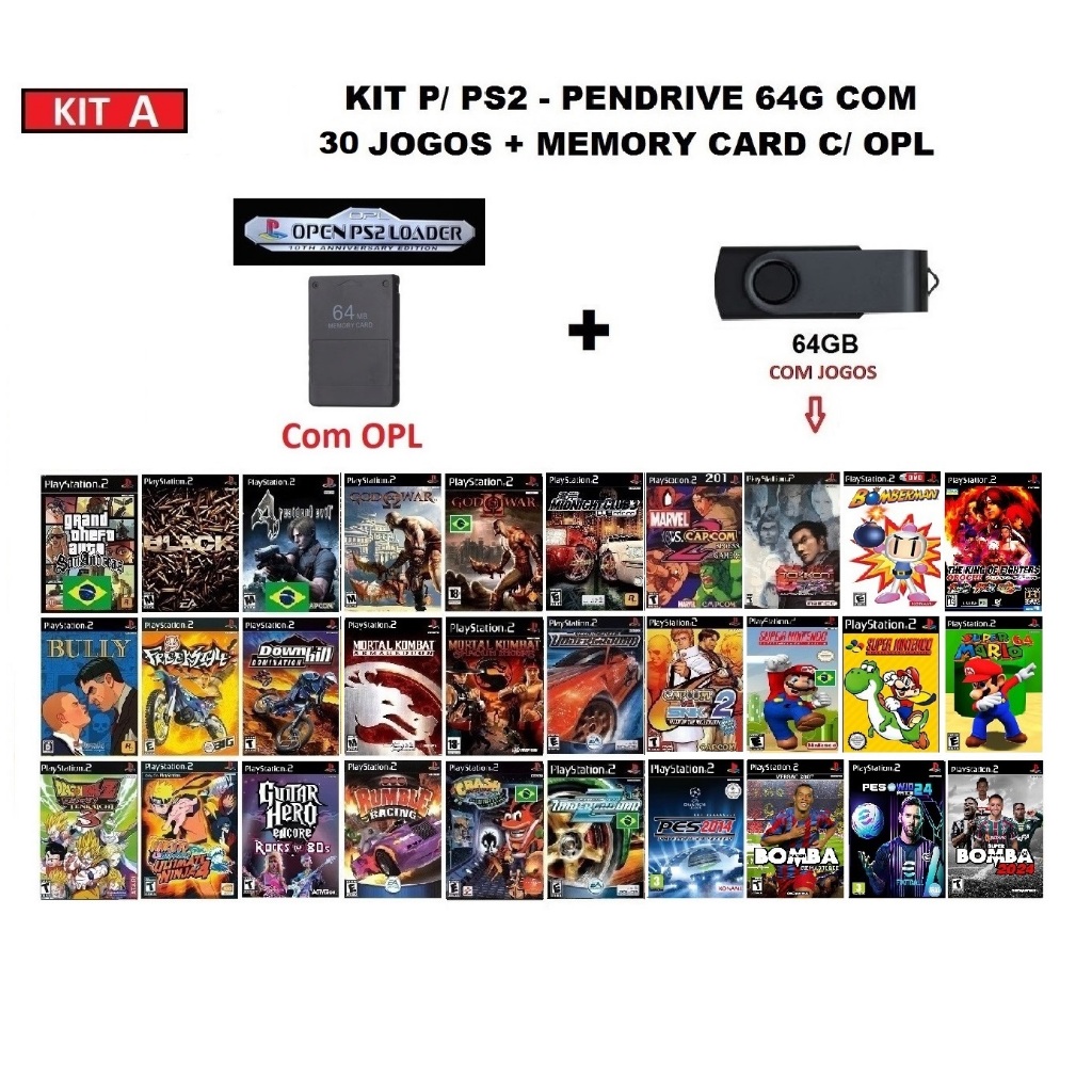 Kit OPL - Memory card 64M com OPL + Pendrive com jogos de ps2 - Leia a descrição