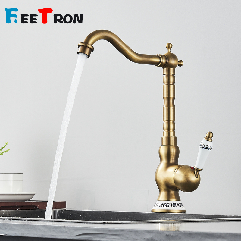 Torneira De Cozinha De Latão Antigo Torneira Misturadora Quente E Fria Único Furo Guindaste Rotativo Para Banheiro Alça De Porcelana