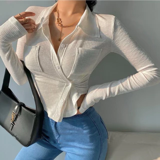 Blusa Curta Manga Comprida Botões e Bolso 7311