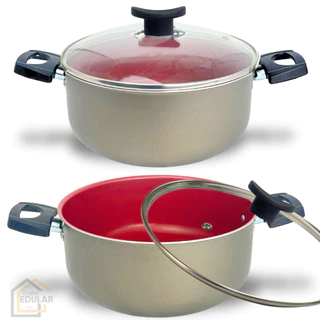 Kit Jogo Panela Plus 2 peças Tamanho Grande 22 e 24 cm Antiaderente Tampa de Vidro Cor Vermelho com Grafite