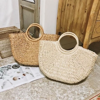 Bolsa de Palha feminina para Praia e Casual – Modelo Meia Lua com Alça Removível!