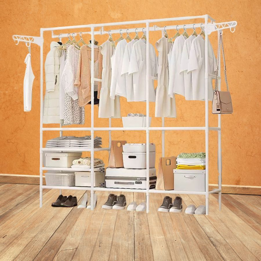 Cabideiro Casal Closet Arara com Prateleiras Organizadora de Roupas Casal Portátil Desmontável Cor Branco/Preto
