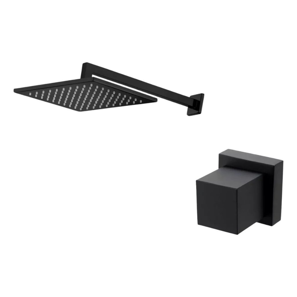 Chuveiro Ducha Quadrado 30x30 Preto Fosco + Acabamento De Registro Quadrado Metal Preto Fosco