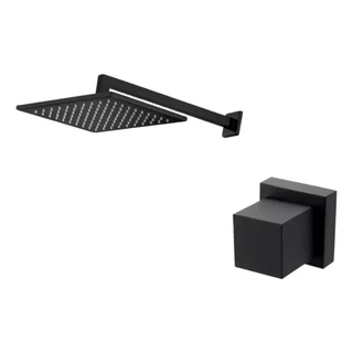 Chuveiro Ducha Quadrado 30x30 Preto Fosco + Acabamento De Registro Quadrado Metal Preto Fosco