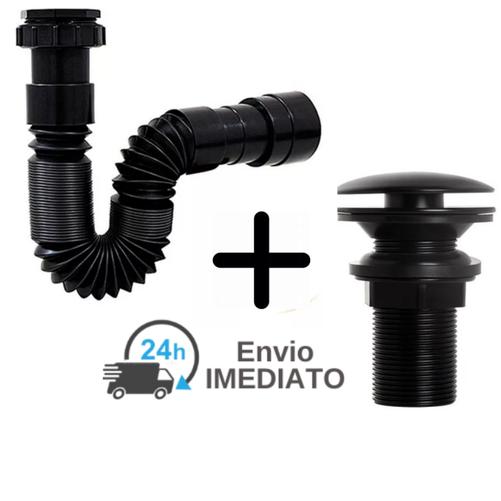 Sifão Sanfonado Preto + Válvula Click Luxo 7/8 Preta Black Pia Banheiro Lavatório Cuba Envio Imediato