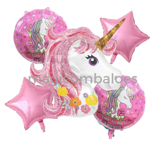 Kit 5 Balão Metalizado 1 Unicórnio 120cm + 2 Balão Redondo +2 Estrela 45cm Menina Decoração Festa N2