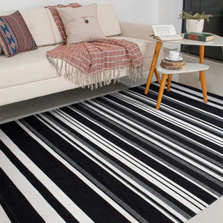 Tapete Sala Jacquard 2,00 x 1,40m Listra Preta Antiderrapante Algodão Cru Artesanal Geométrico