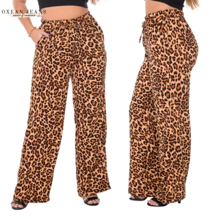 Calça Pantalona Feminina Onça Com Bolso Cintura Alta