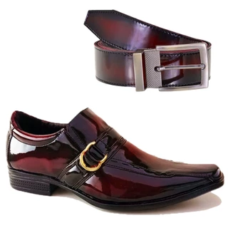 Kit Sapato Social Vinho Com Cinto Verniz Elegante E Moderno