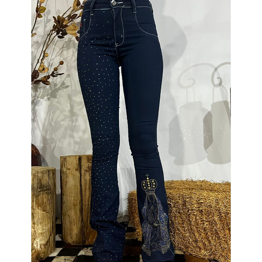 Calça Puro Country Feminina Flare Nossa Senhora Strass Shopee Brasil