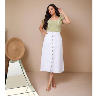 Saia Jeans Longa Branca Toda Lisa Com Botões e Bolsos 100% Jeans Luxo Moda Evangélica